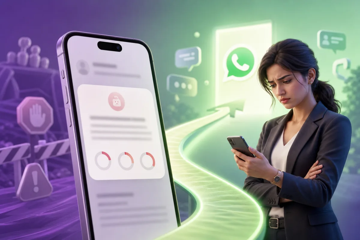 Business user facing a temporary messaging restriction with countdown — end limits with compliant WhatsApp Business API setup